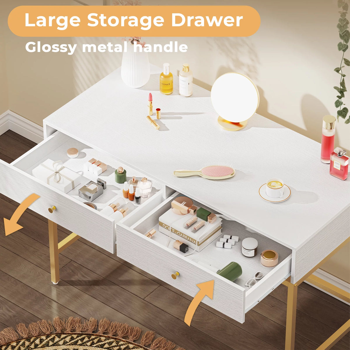 White and Gold Vanity Desk with Drawers B722425