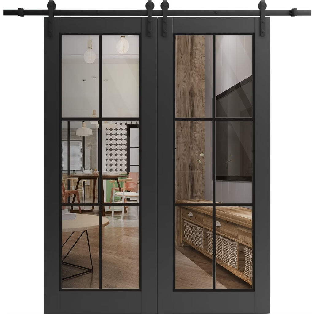 Matte Black Clear Glass Double Barn Door 36 x 80 inches S8481