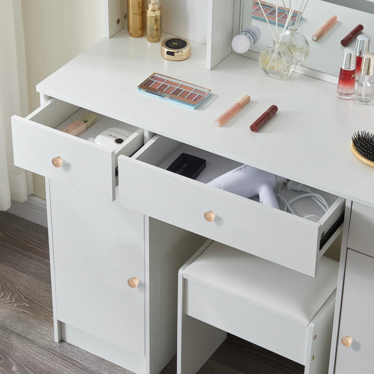 White Vanity Set with Lighted Mirror and Stool J2301
