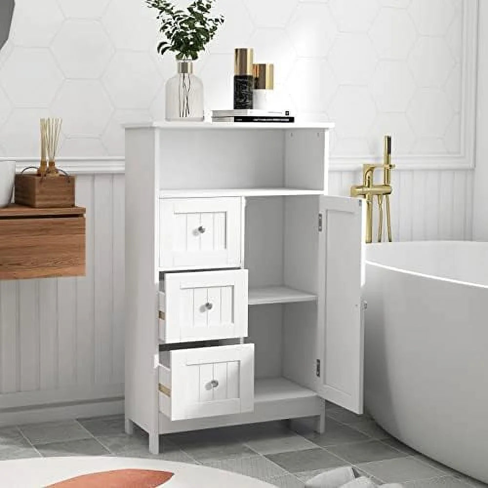 White Corner Bathroom Floor Cabinet with Door and Drawer M98636