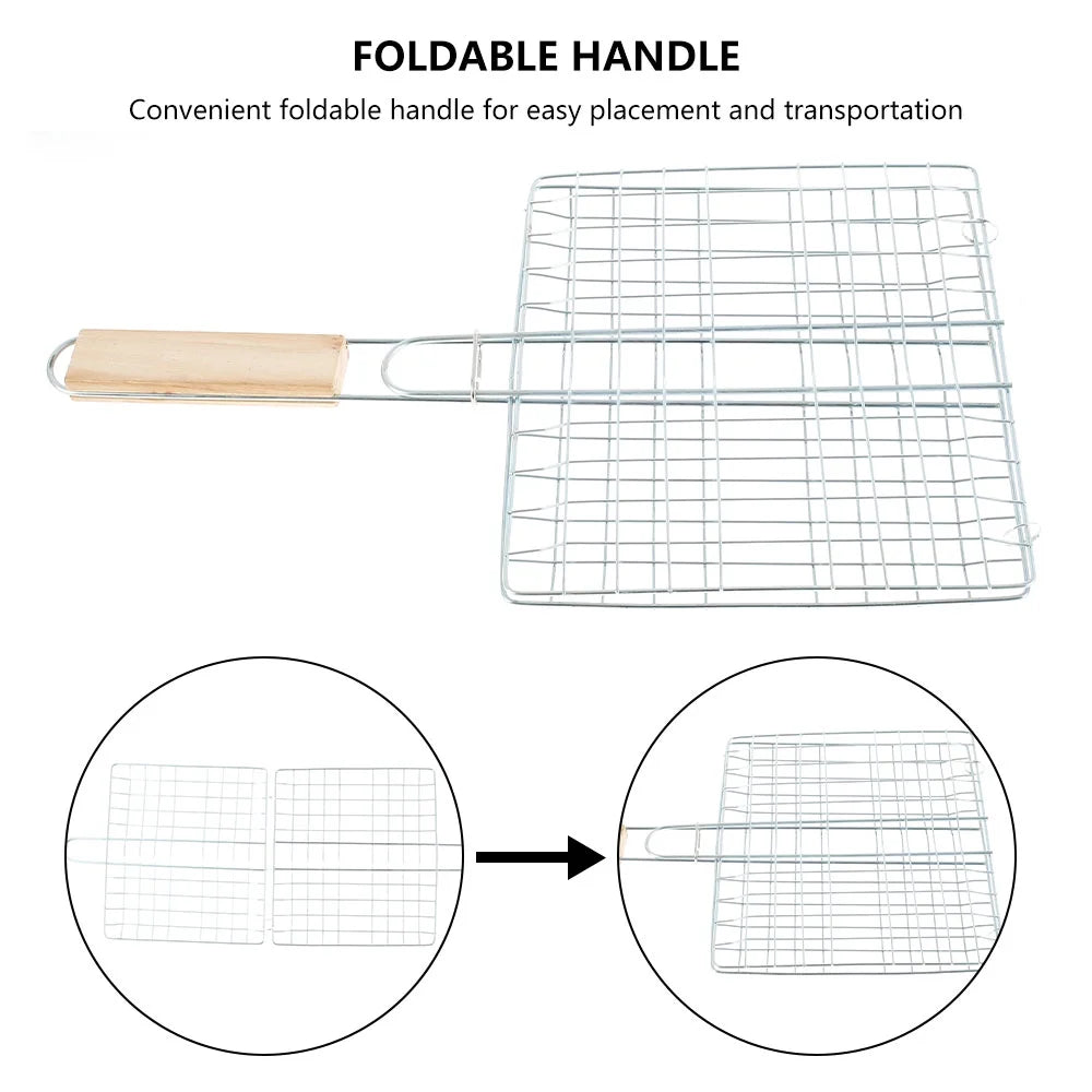 Stainless Steel Folding Barbecue Grilling Basket with Wooden Handle E128383