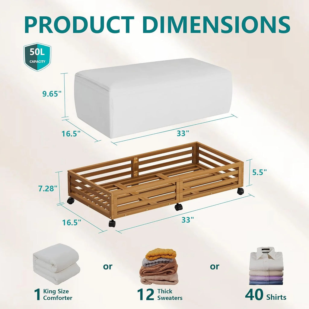 Bamboo Under Bed Storage Containers with Wheels 2 Packs K9110