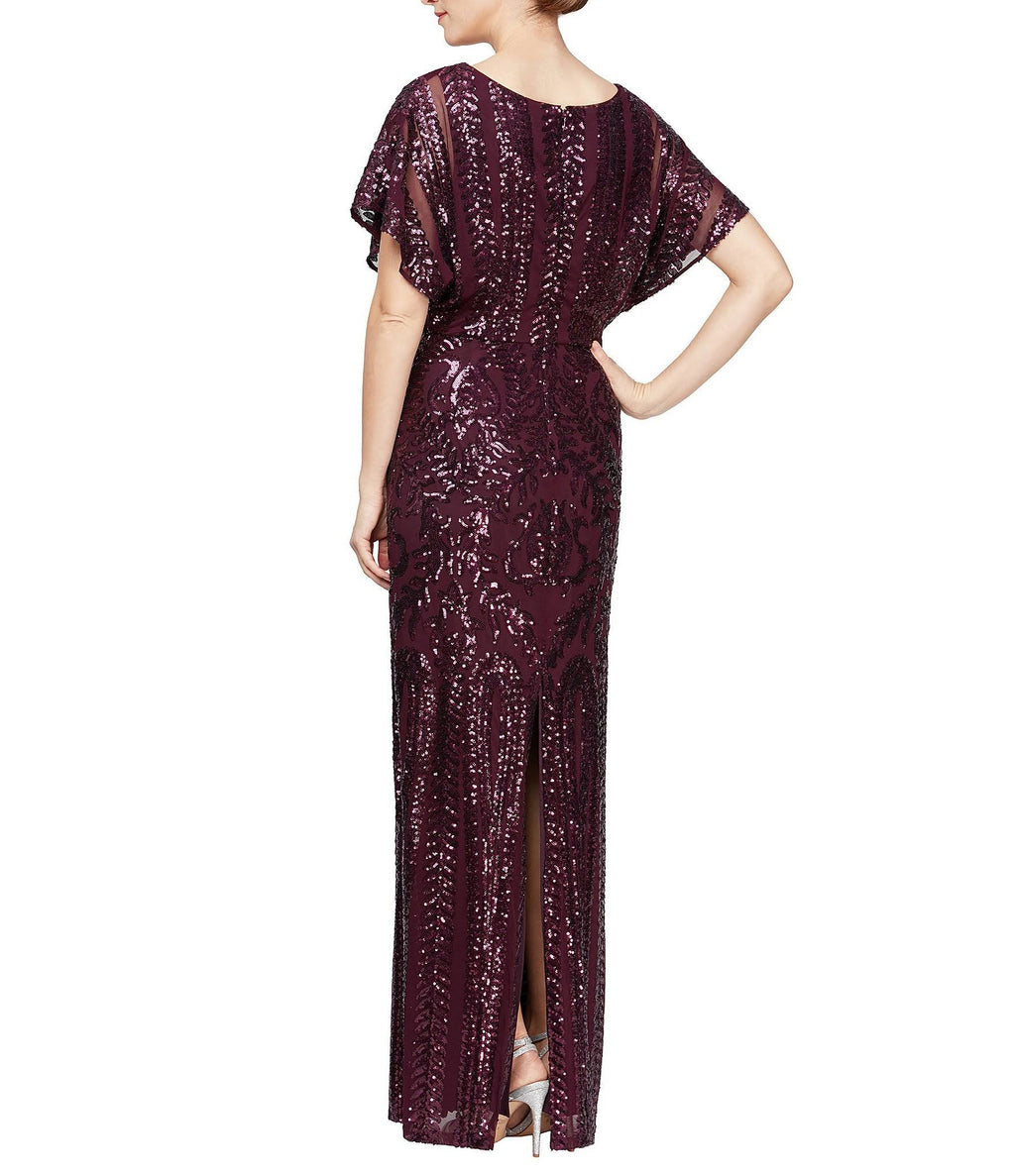 Sequin Flutter Sleeve Back Slit V-Neck Long Gown X497634