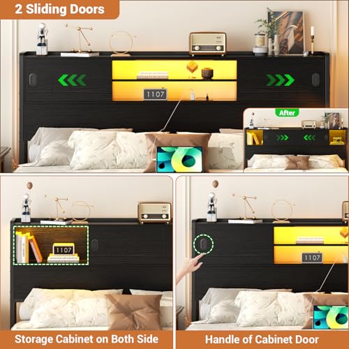 Black Queen Size Storage Headboard with Outlet USB and LED Light N243