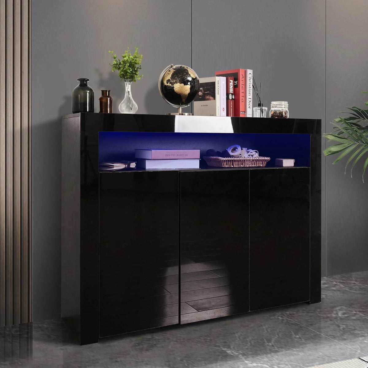 Black High Gloss Sideboard Storage Cabinet with LED Light Q8031