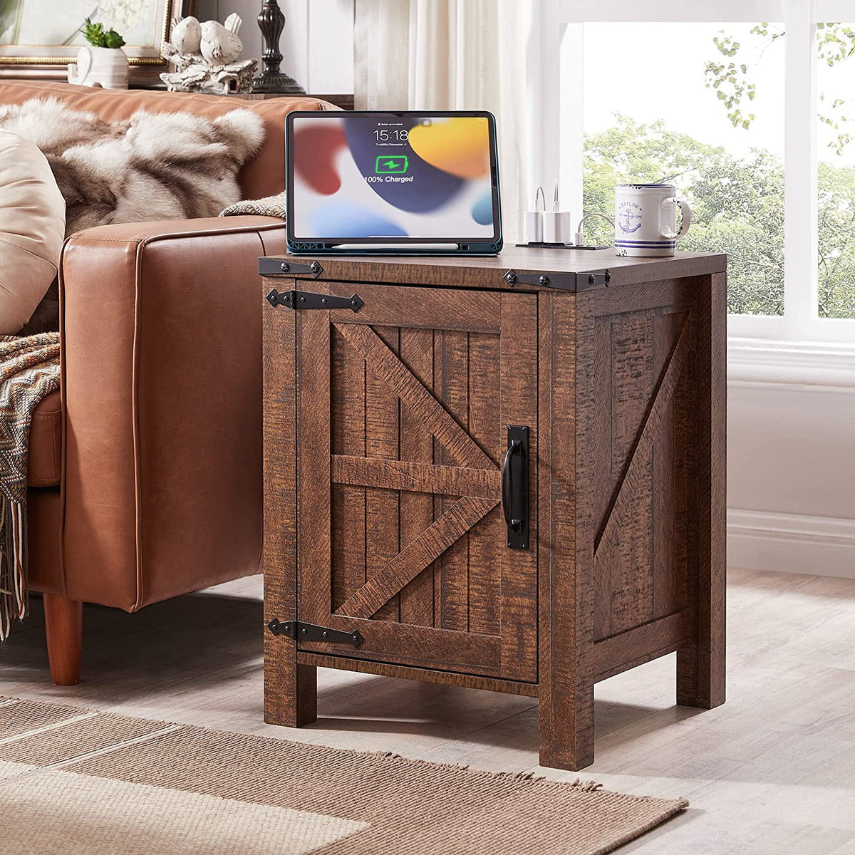 Large Wood Metal End Side Table with Charging Station V935