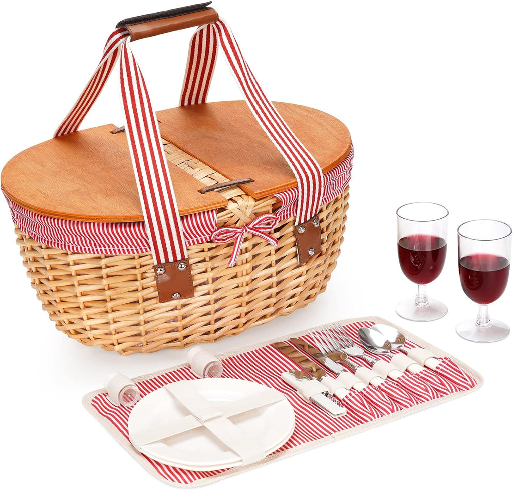 Wicker Picnic Basket with Wooden Lids & Folding Handles W572143