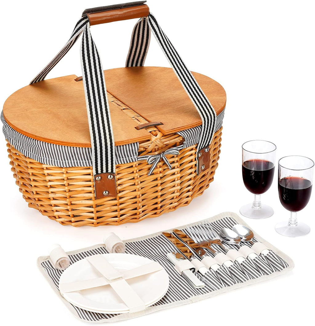 Wicker Picnic Basket with Wooden Lids & Folding Handles W572143