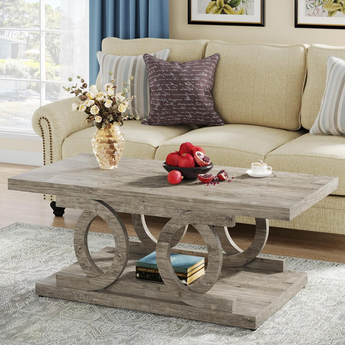 47 Inches Farmhouse Wood Coffee Table with Storage Shelf Z652