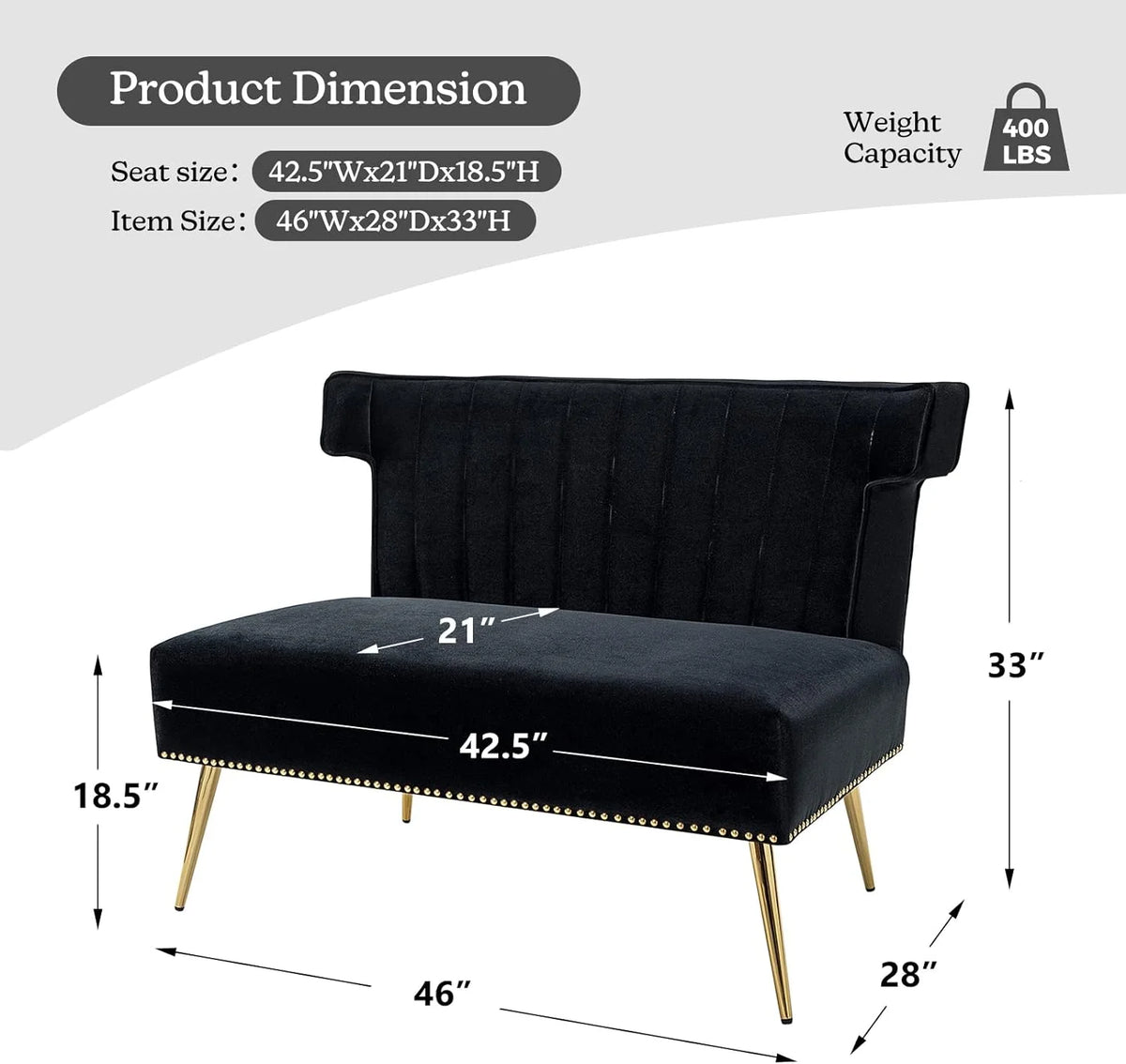 Velvet Upholstered Armless Loveseat Sofa with Golden Metal Legs C163