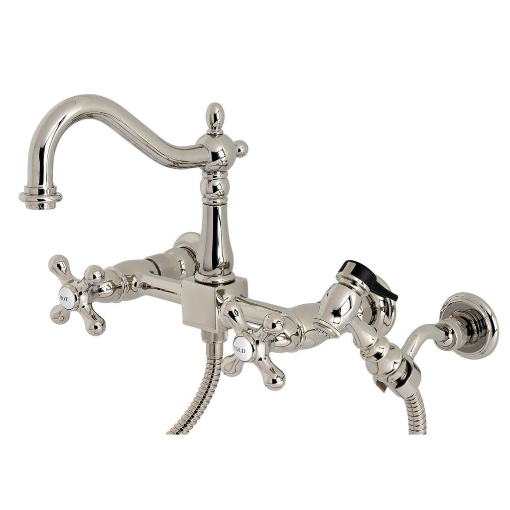 Polished Nickel Wall Mount Bridge Kitchen Faucet with Brass Sprayer S844130