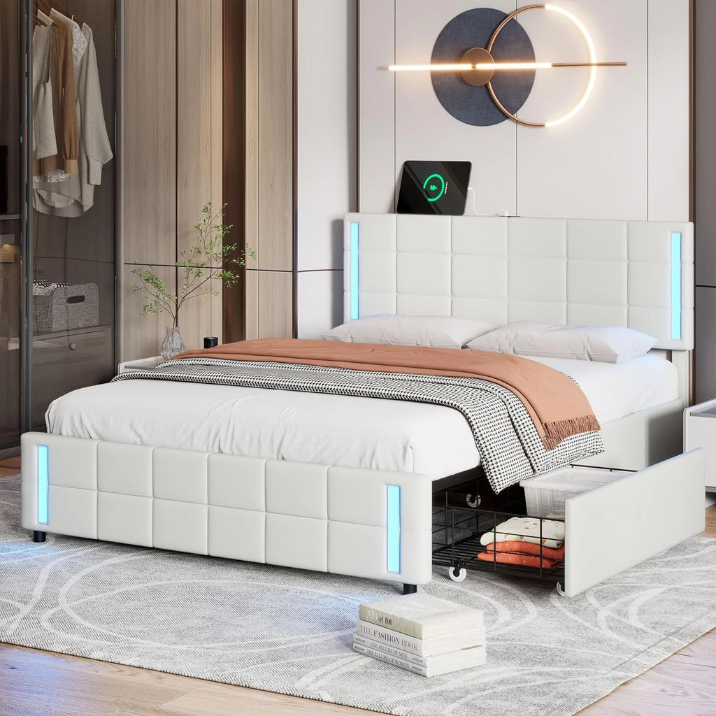 Queen Size Upholstered Platform Bed Frame with LED Lights and 4 Drawers White B3941