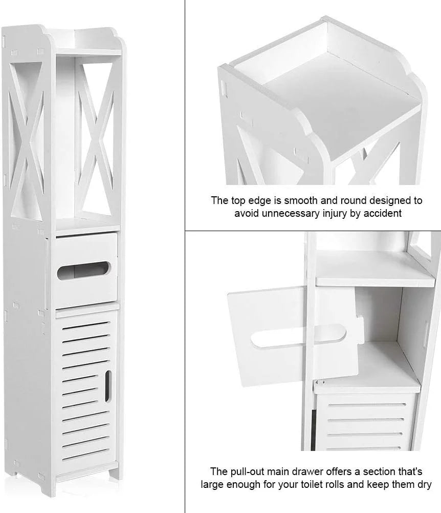 White 4 Tier Bathroom Storage Cabinet with 1 Door and 3 Shelves P7498