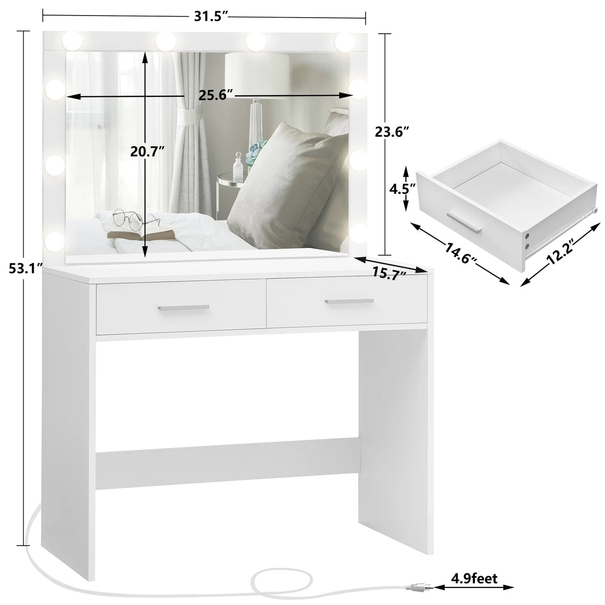 White Makeup Vanity Desk with Lighted Mirror and 2 Drawers R85126