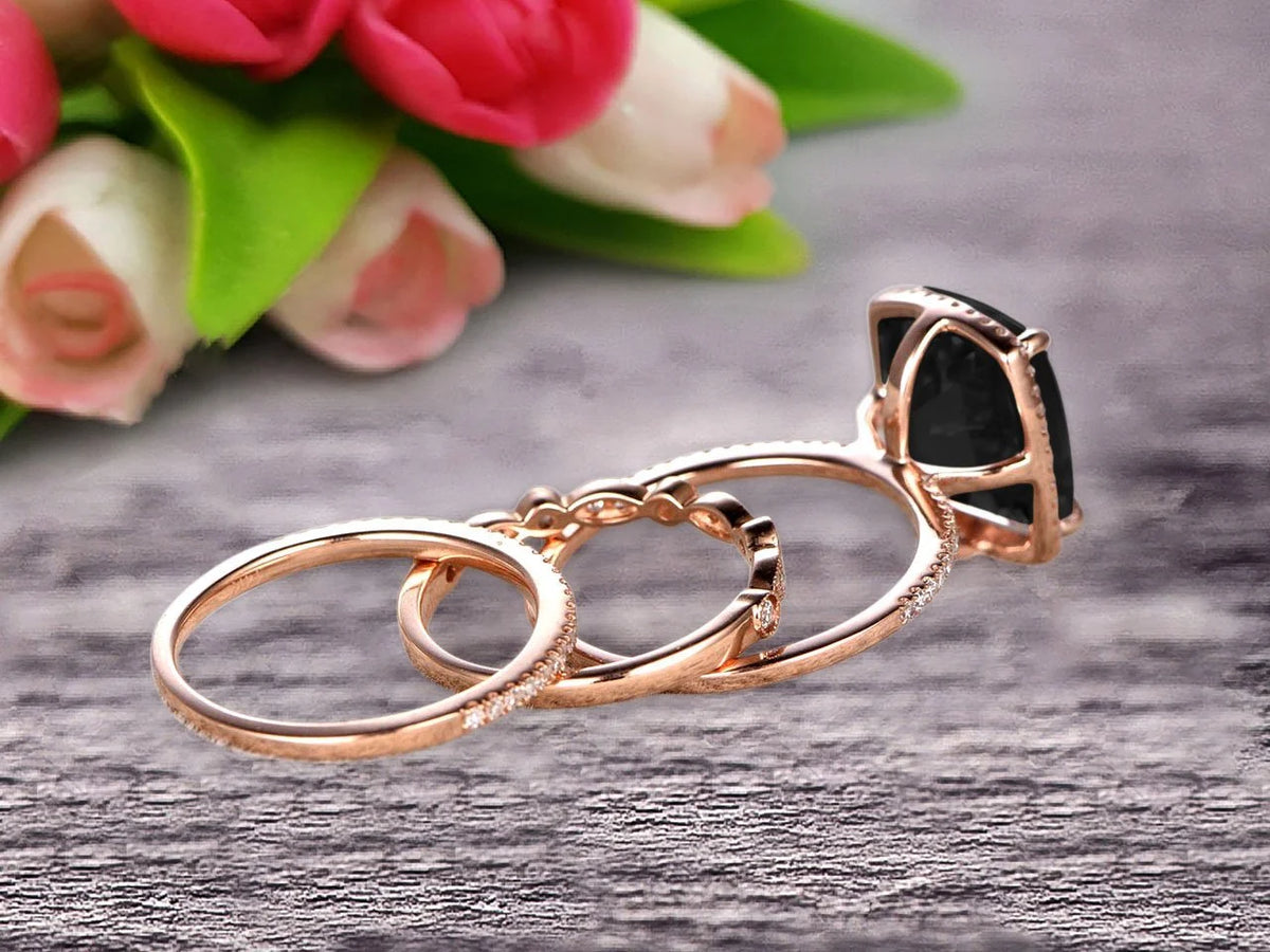 3 Carat Cushion Cut Black Diamond Moissanite Trio Set Ring On 10k Rose Gold N4580