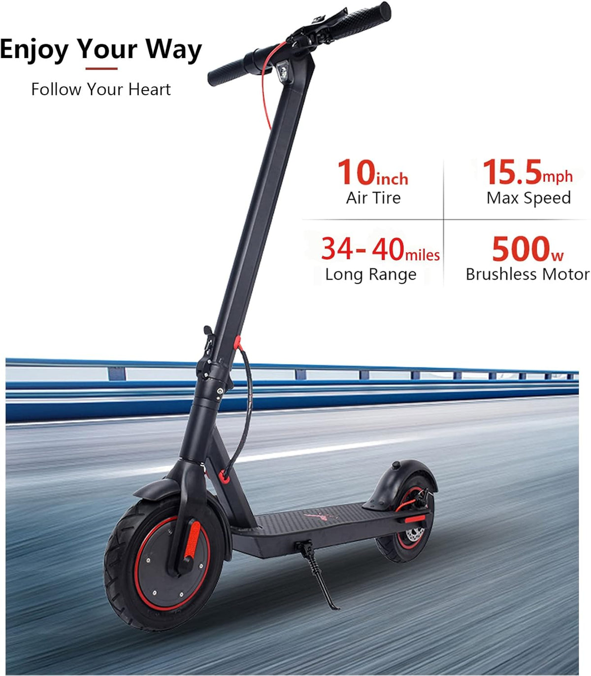 Electric Scooter with 500W Motor, 34-40 Miles Range, 15.5MPH, 10" Air Filled Tire R22814