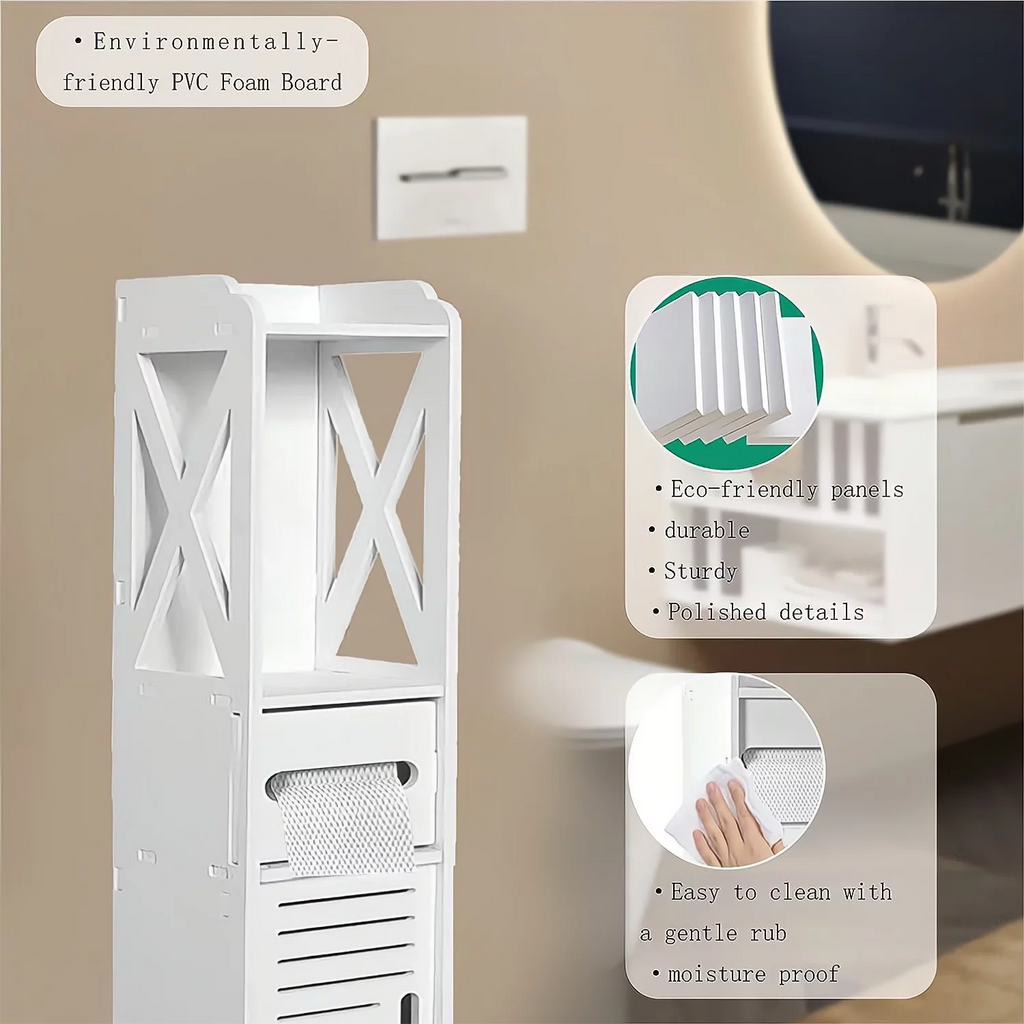 White 4 Tier Bathroom Storage Cabinet with 1 Door and 3 Shelves P7498
