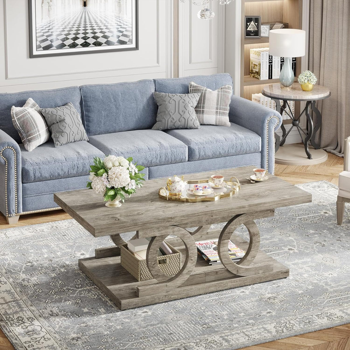 47 Inches Farmhouse Wood Coffee Table with Storage Shelf Z652