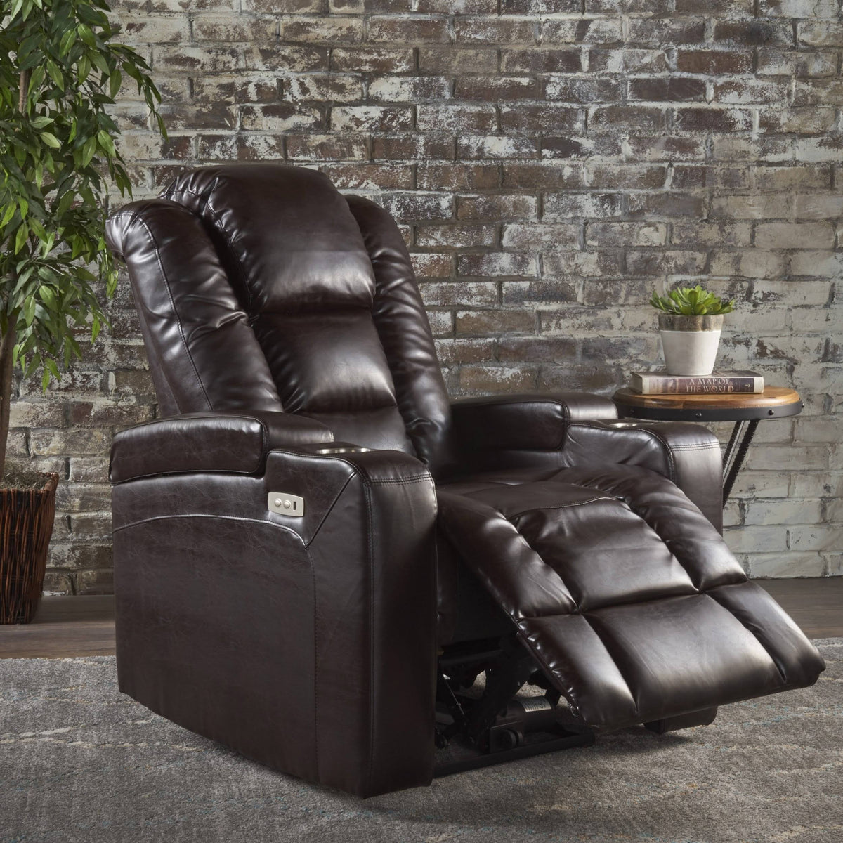 Brown Leather Power Recliner with Arm Storage and USB U2862