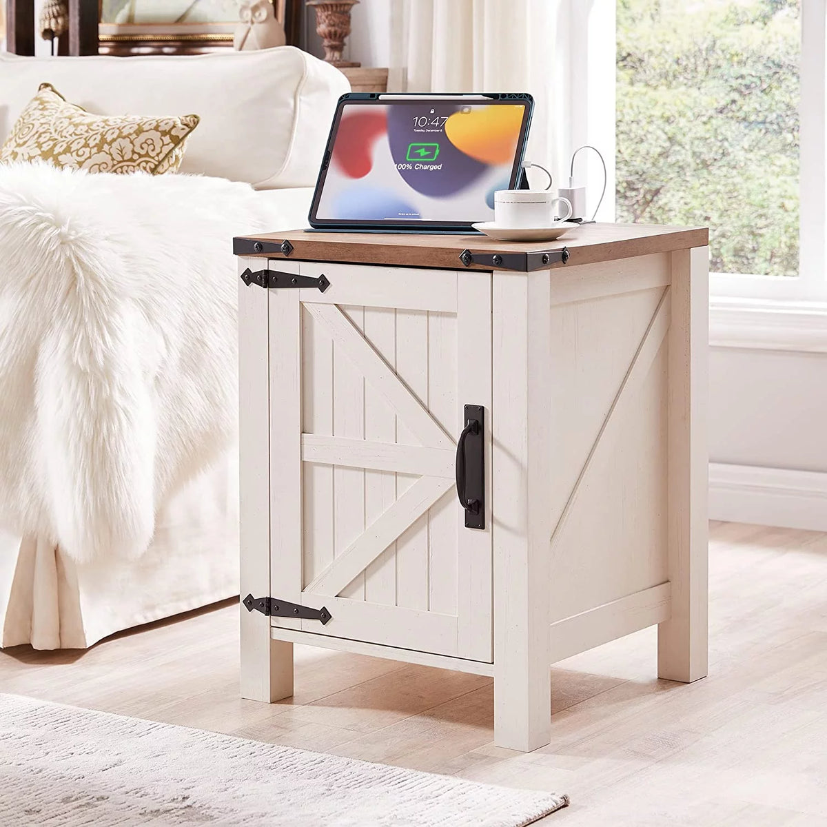 Large Wood Metal End Side Table with Charging Station V935