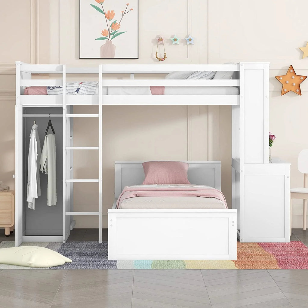 White Wooden Over Bunk Bed with Desk and Drawers Y690758