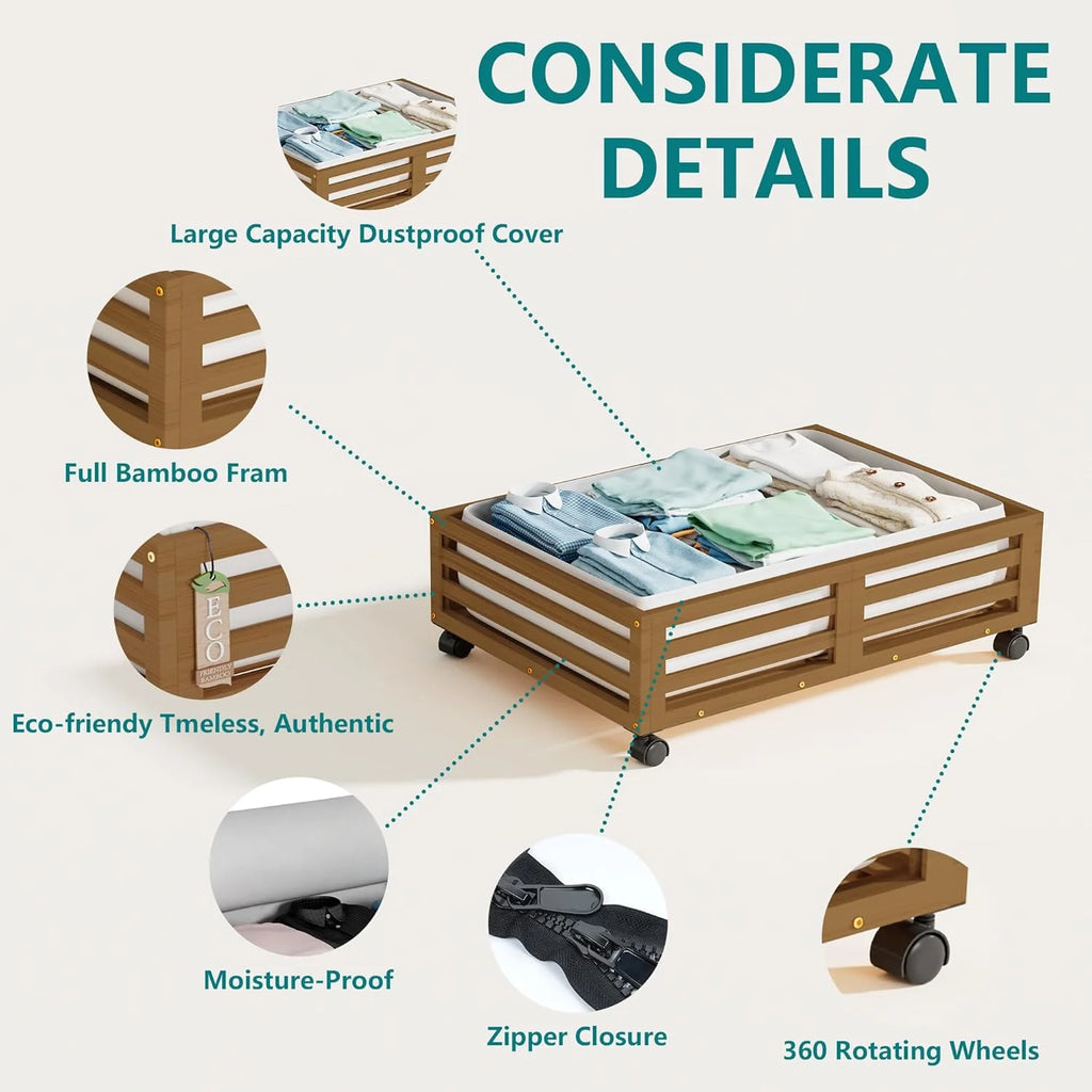 Bamboo Under Bed Storage Containers with Wheels 2 Packs K9110