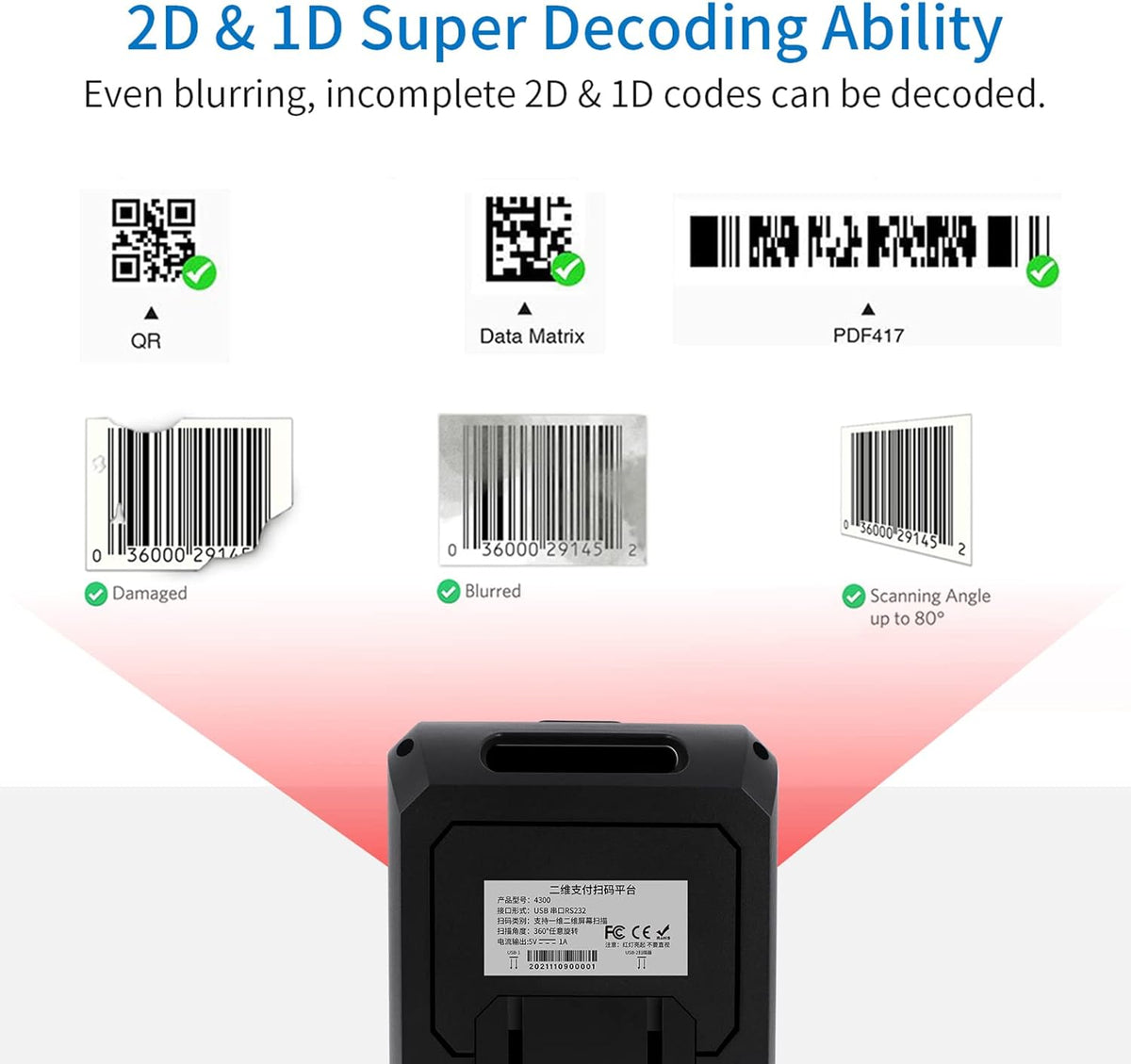 2D 1D Desktop Barcode Scanner, USB Wired, Black, Pack of 2 B168266