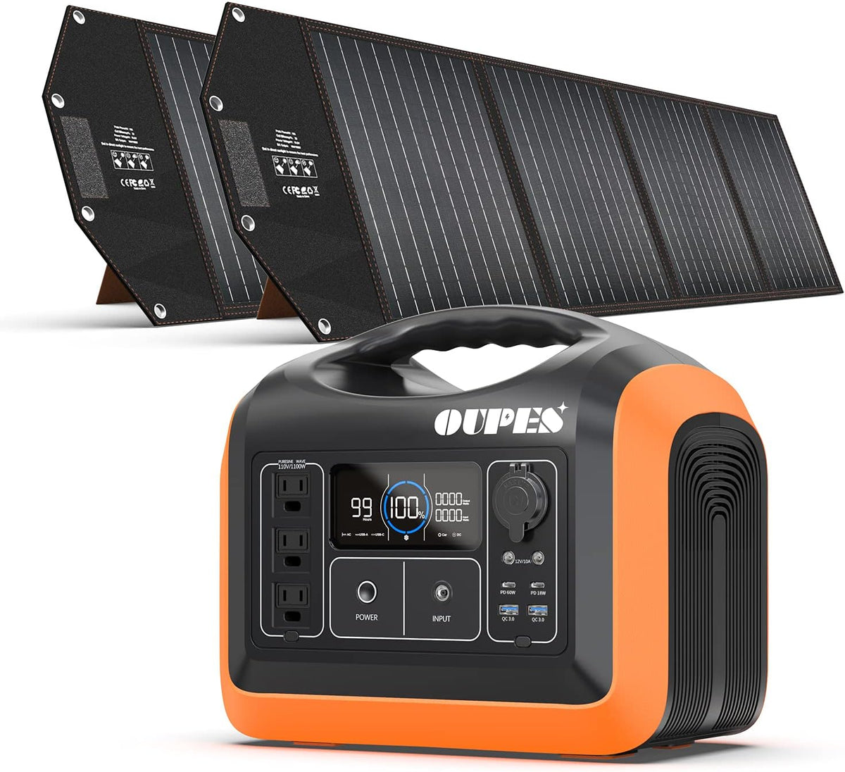 1200W Solar Generator with 2 X100W Solar Panels, 992Wh Portable Power Station LiFePO4 Battery w/ 3 X 110V AC Outlets J32974