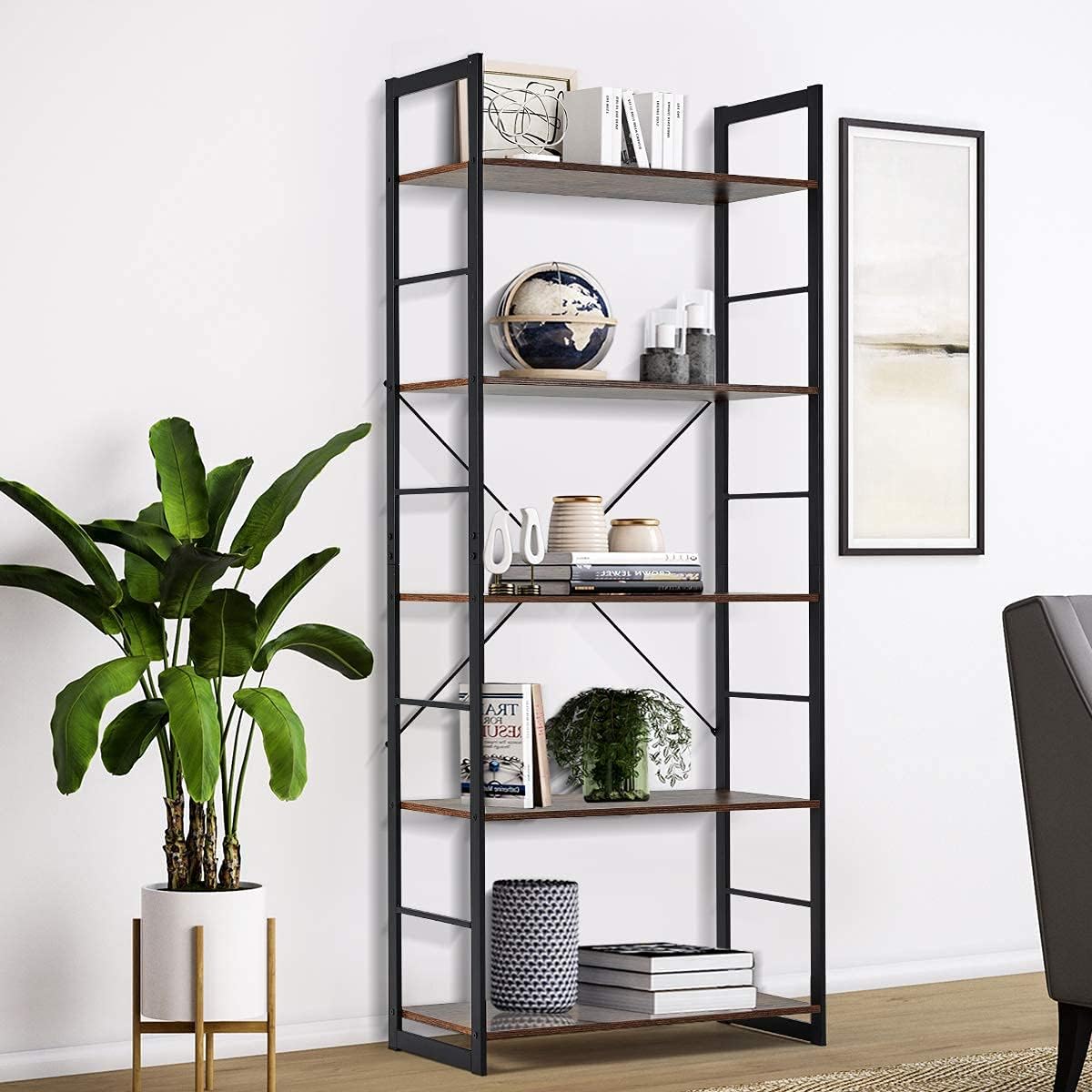 5 Tier Rustic Wood and Metal Bookshelf K3522