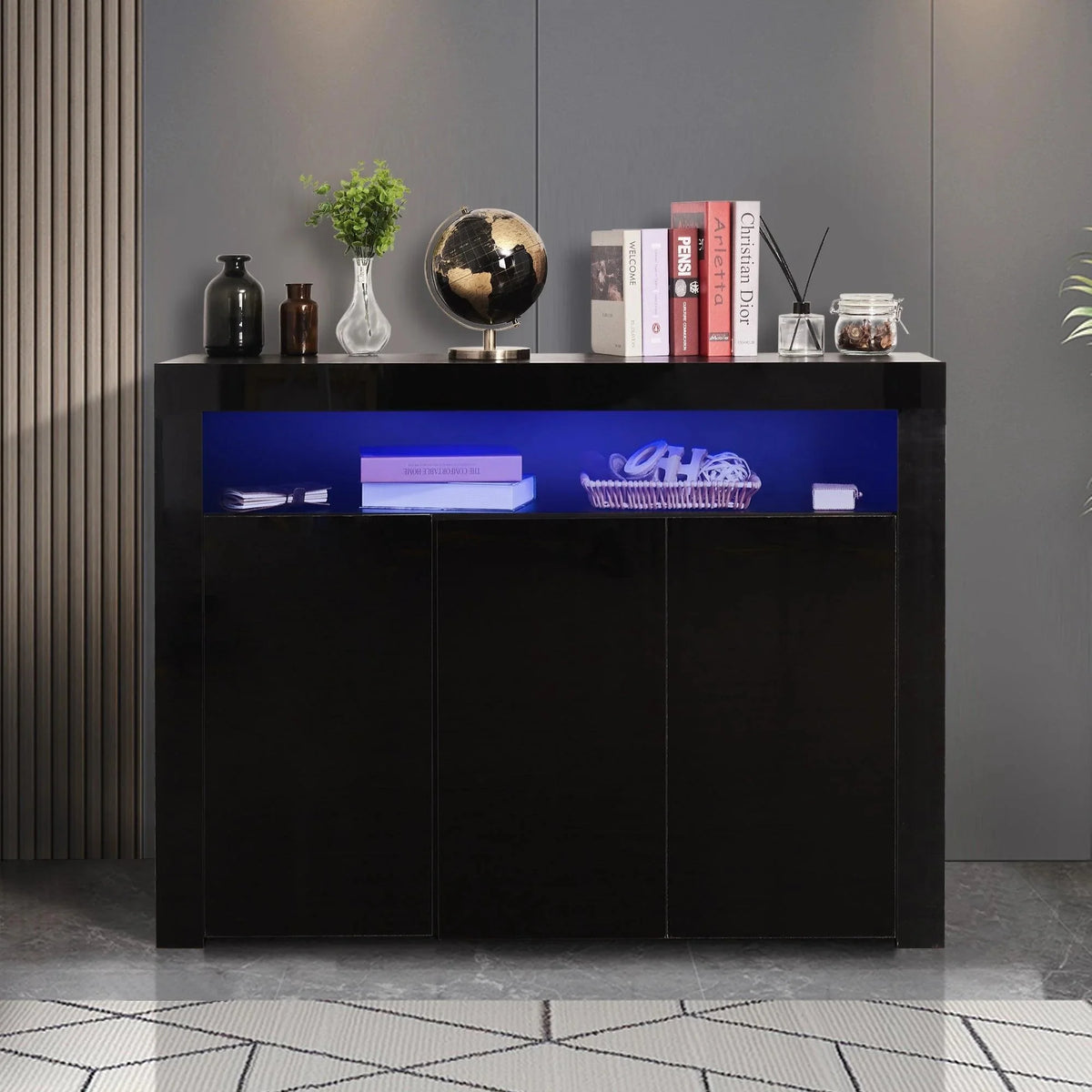 Black High Gloss Sideboard Storage Cabinet with LED Light Q8031