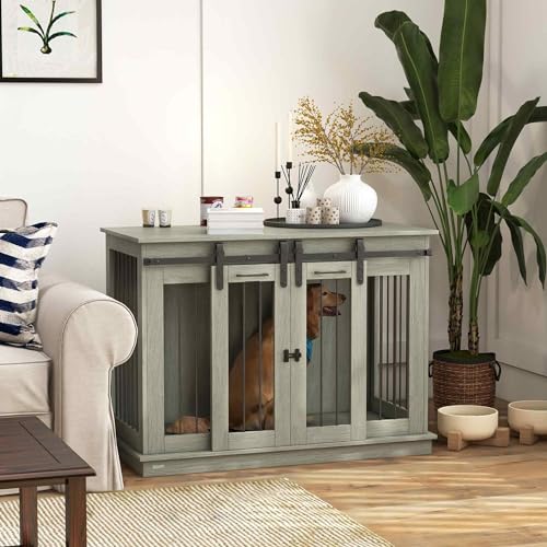 Large Dog Crate Furniture with Divider, Double Doors, 47" W x 23.5" D x 35" H, Oak Q350287