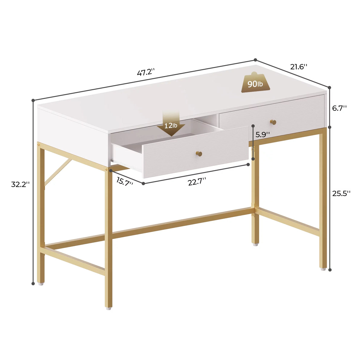 White and Gold Vanity Desk with Drawers B722425