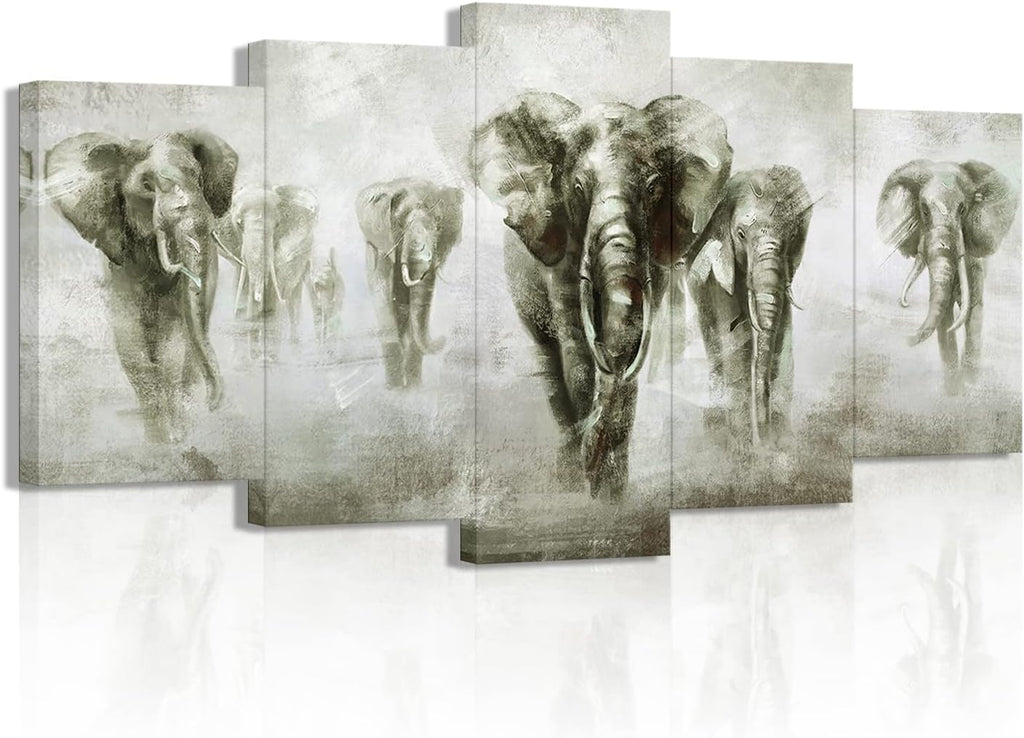5 Panel Black and White Grey Elephant Canvas Wall Art V720971