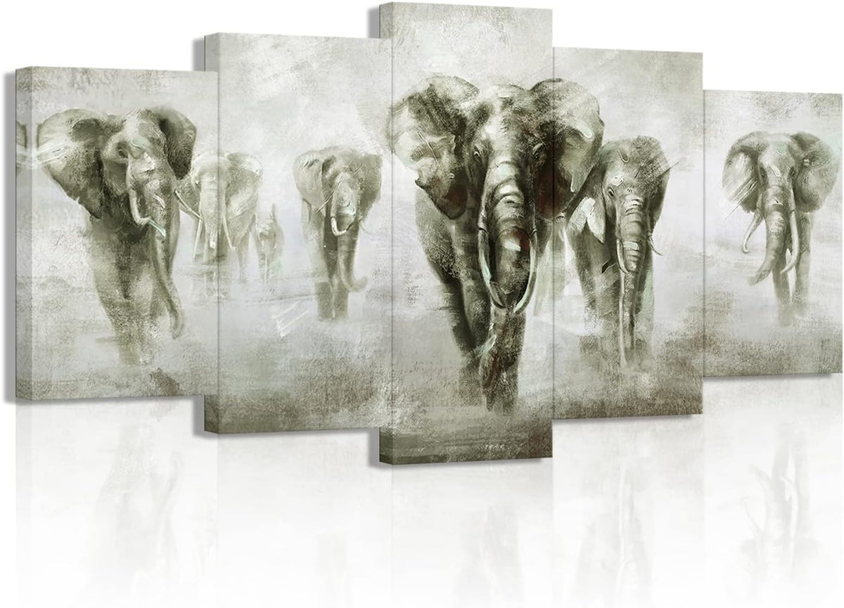 5 Panel Black and White Grey Elephant Canvas Wall Art V720971