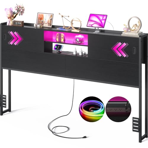 Black Queen Size Storage Headboard with Outlet USB and LED Light N243
