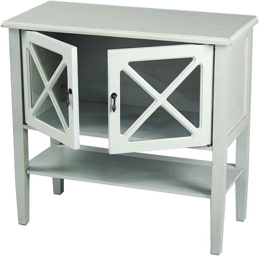 2 Door Accent Console Cabinet with X Pane Glass Insert and Bottom Shelf Seafoam Green B4921