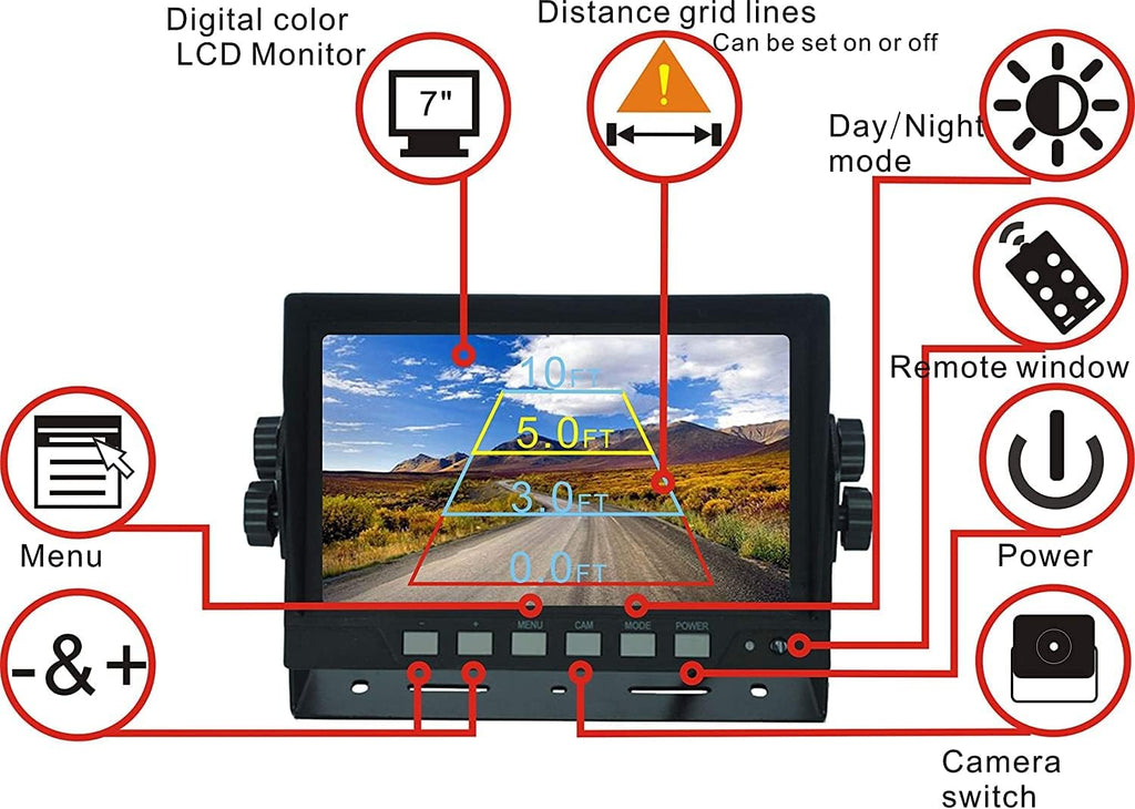 Wired Dual Backup Camera Kit, 7 LCD Monitor, IP69K Waterproof Rear View Camera B8943