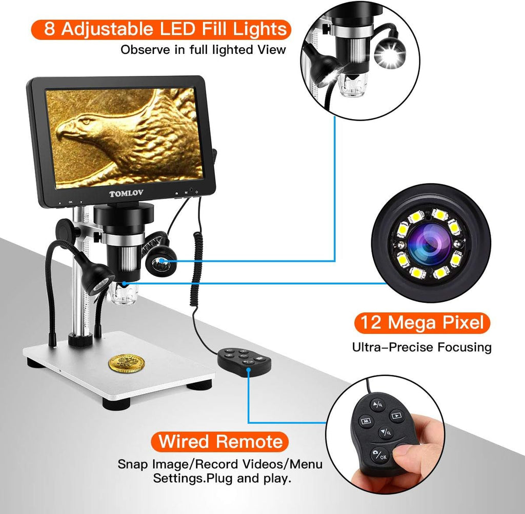 7" LCD Digital Microscope 1200X 1080P Video Microscope with Metal Stand N80822