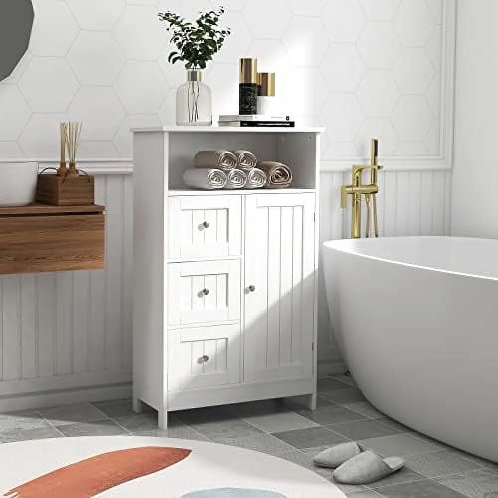 White Corner Bathroom Floor Cabinet with Door and Drawer M98636