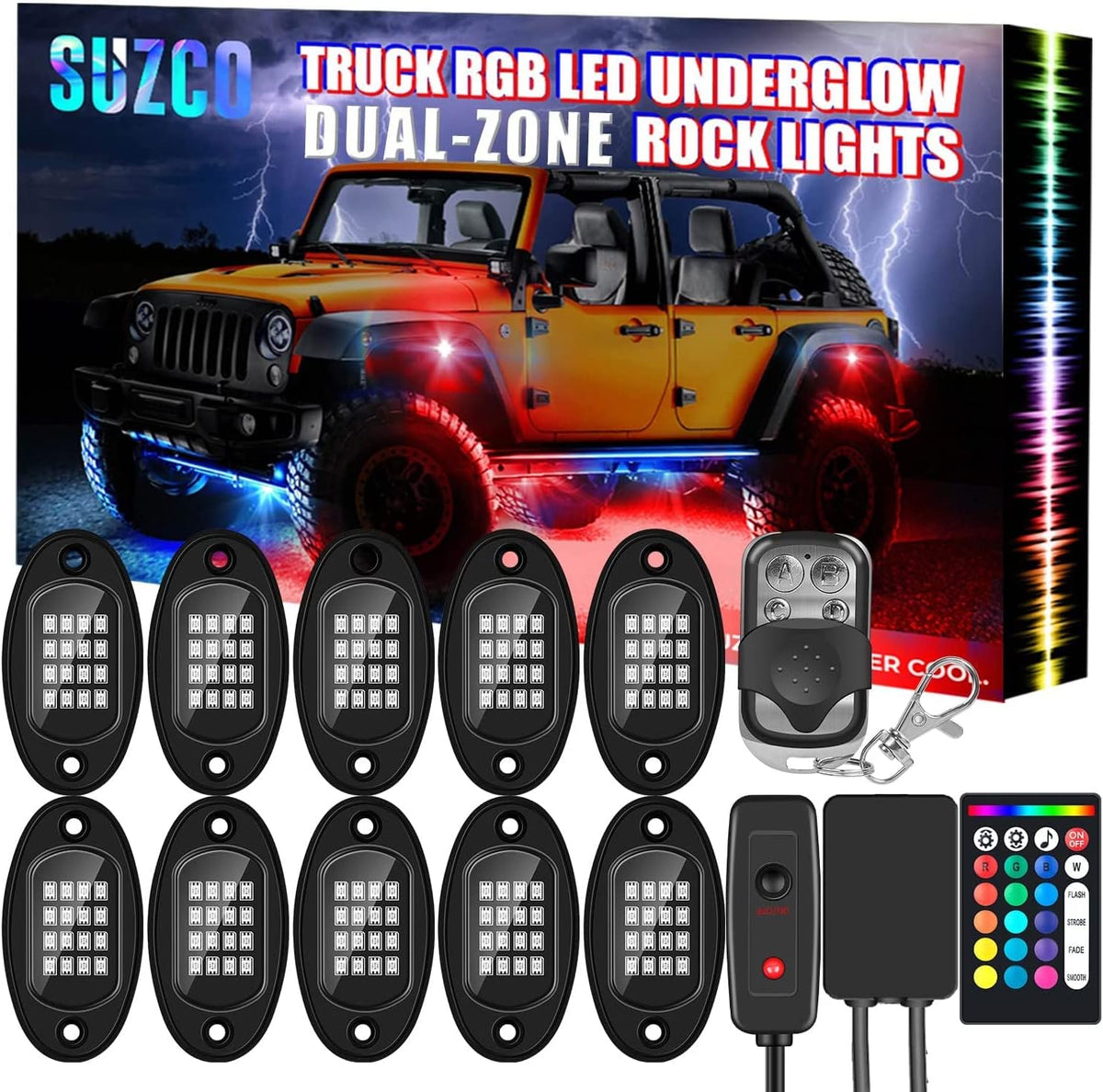 10-pods Trucks LED RGB Neon Underglow Rock Lights Kit, Dual-Zone, 160LEDs, 2-in-1 Line, Waterproof 12V, Pack of 2 J7665