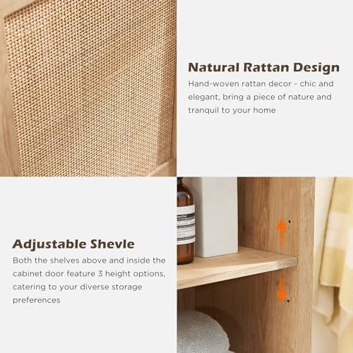 Natural Rattan Bathroom Floor Cabinet with Sliding Door & 3 Drawers J2129