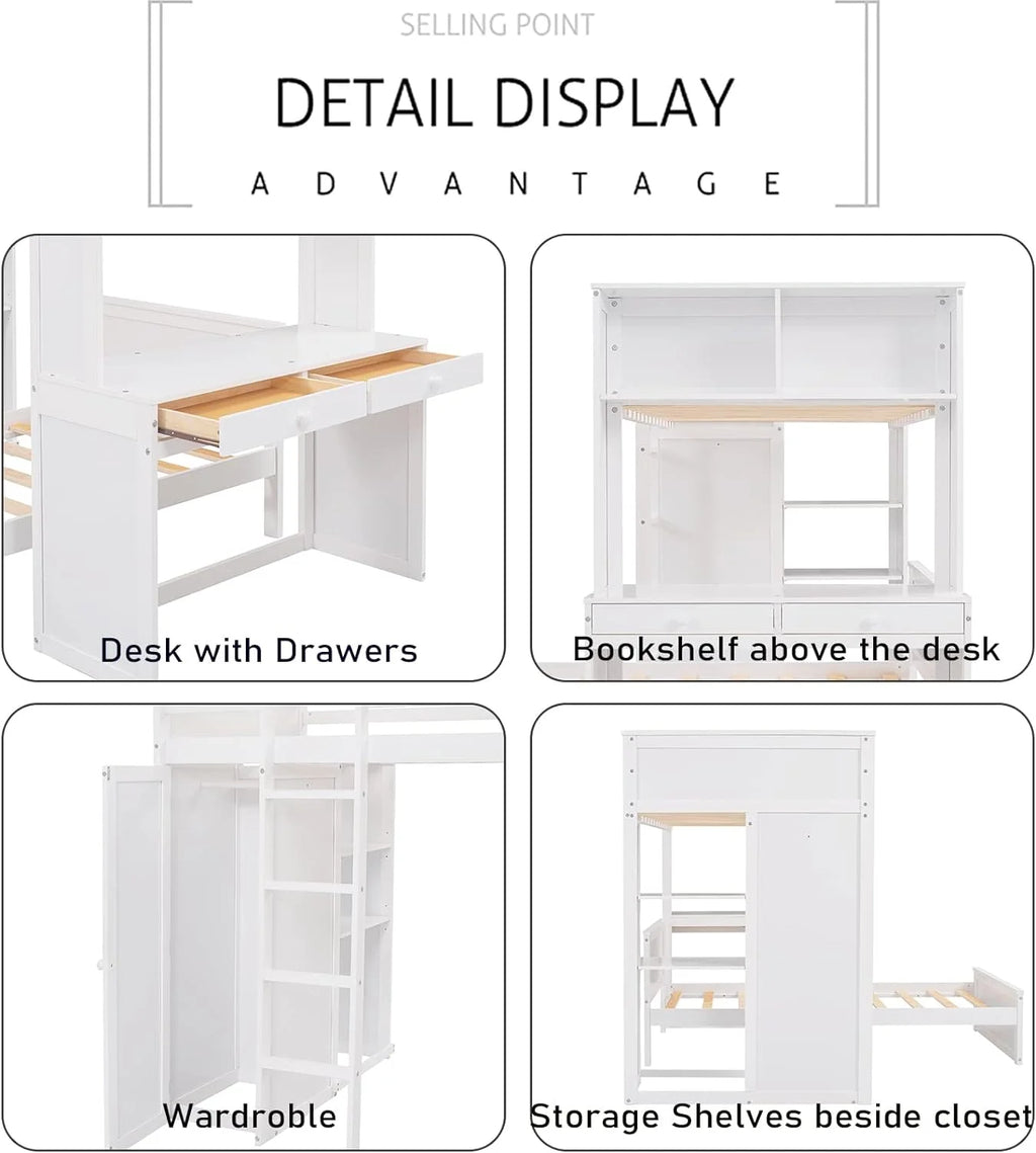 White Wooden Over Bunk Bed with Desk and Drawers Y690758