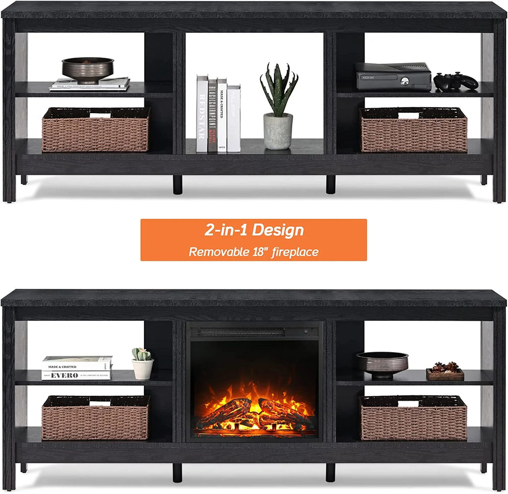 Black Wood Fireplace TV Stand with LED Lights and Storage R967