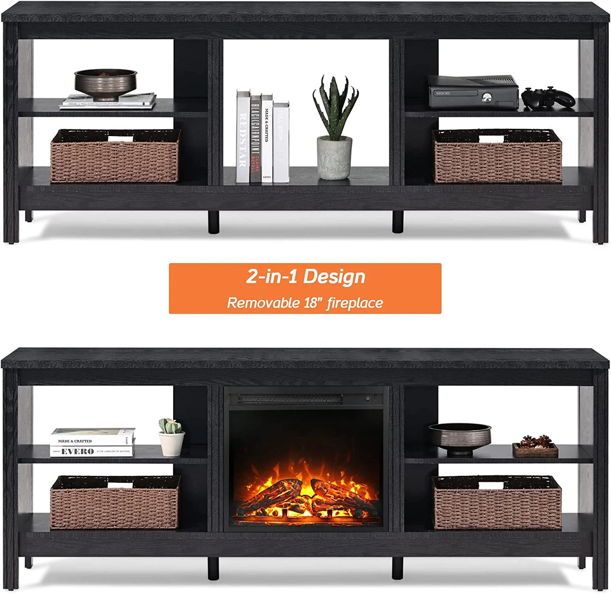 Black Wood Fireplace TV Stand with LED Lights and Storage R967