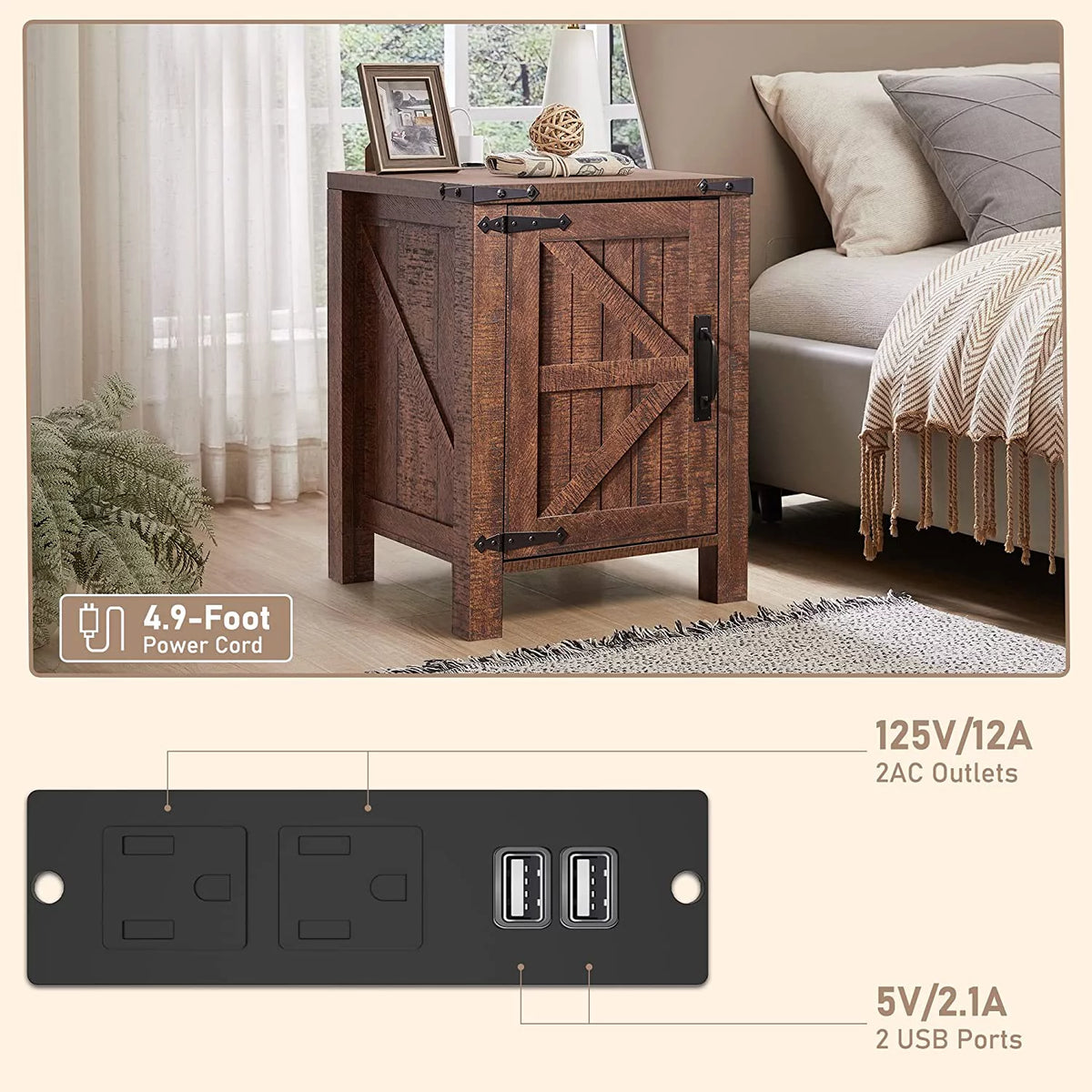 Large Wood Metal End Side Table with Charging Station V935