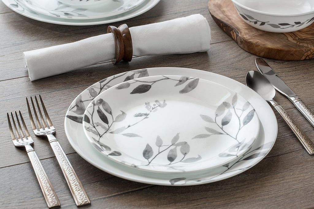 12-Piece Vitrelle Misty Leaves Chip and Break Resistant Dinner Set, Grey D3741