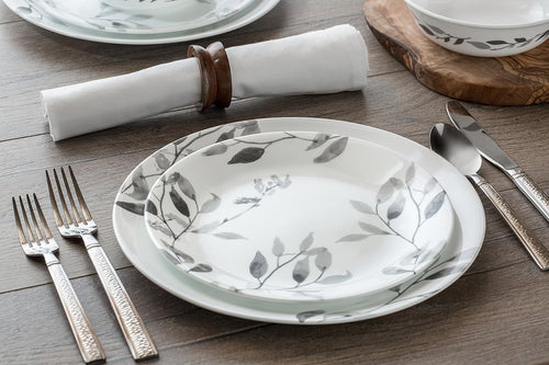 12-Piece Vitrelle Misty Leaves Chip and Break Resistant Dinner Set, Grey D3741