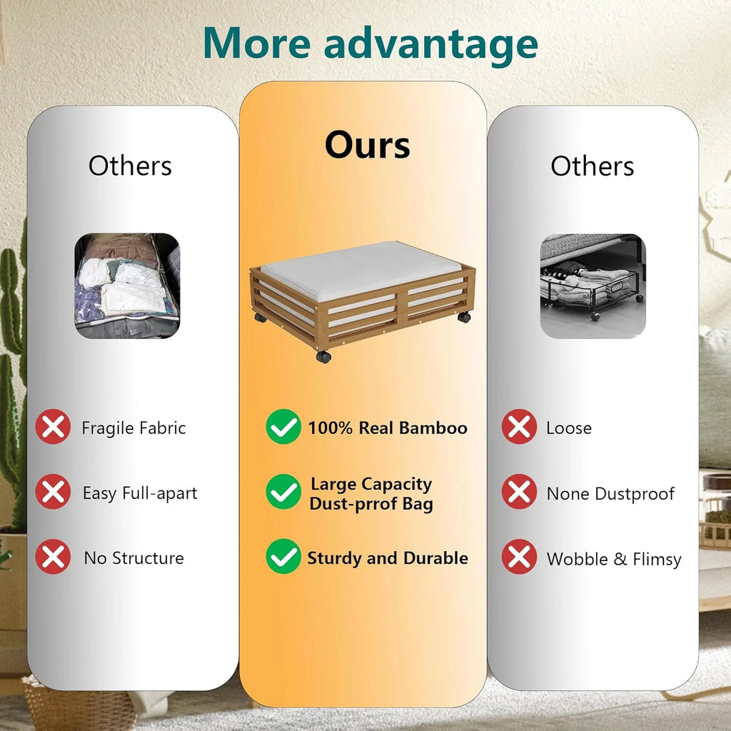Bamboo Under Bed Storage Containers with Wheels 2 Packs K9110