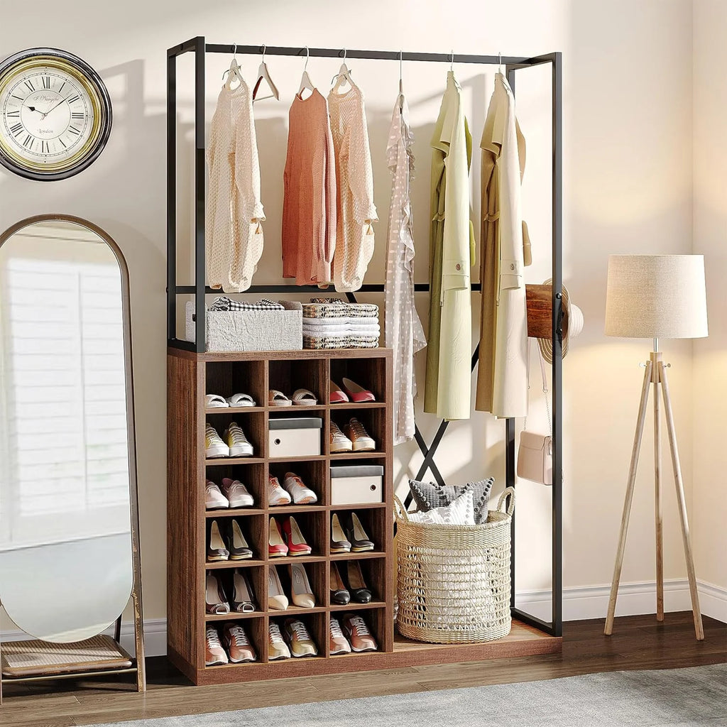 71" Brown Wood Coat Rack with 18 Shoe Cabinets T489770