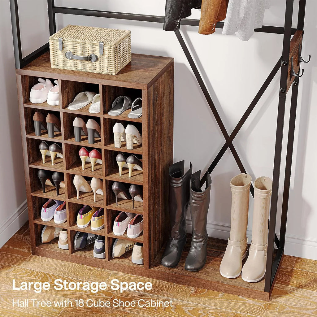 71" Brown Wood Coat Rack with 18 Shoe Cabinets T489770